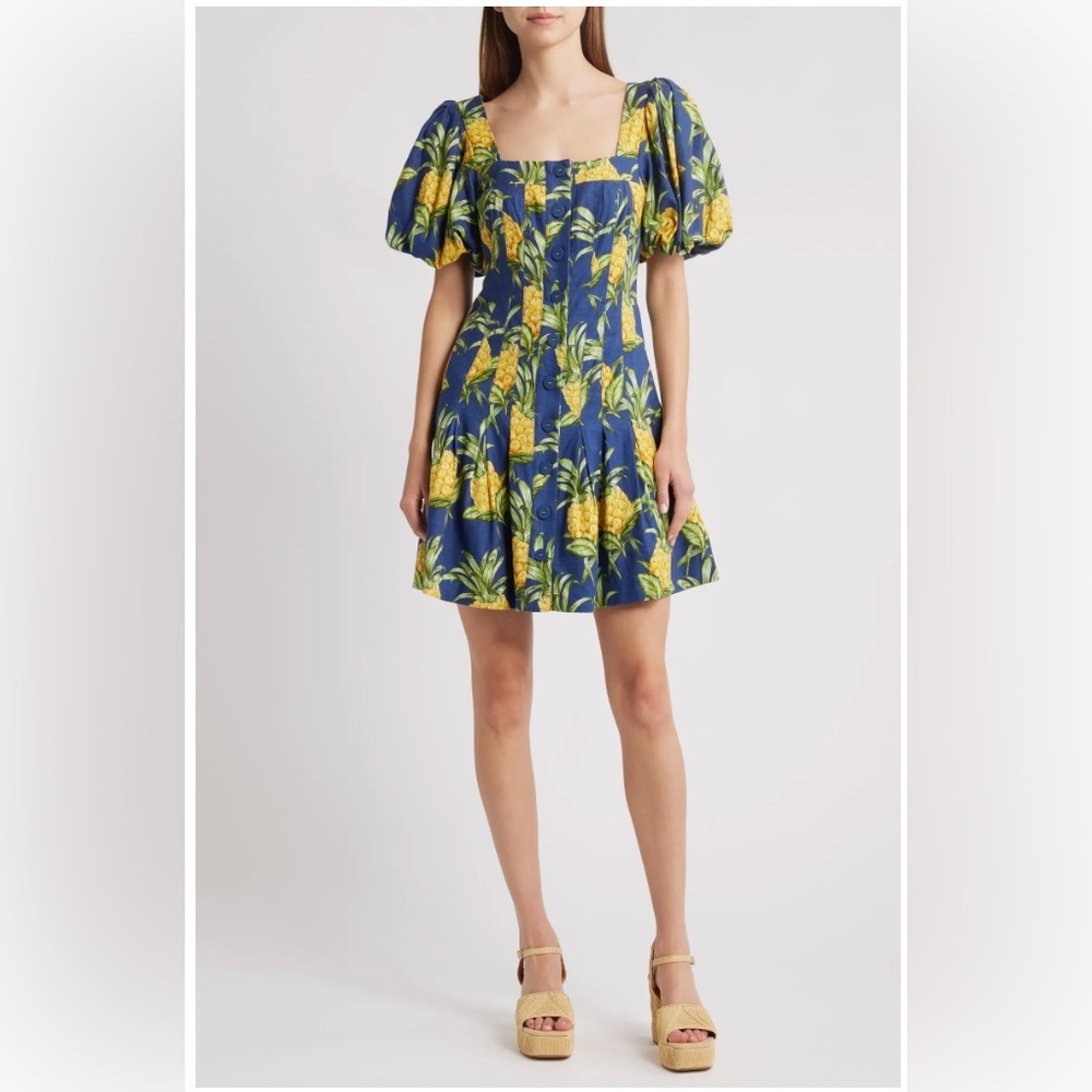 Farm Rio Pineapple Print Linen Blend Minidress in Navy Size XXS